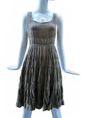 Max Studio Smocked Tiered Midi Dress Olive Green Size Small S Cotton Blend Boho